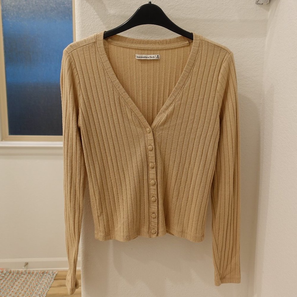 Abercrombie & Fitch Tan Long-Sleeve V-Neck Ribbed Cardigan Sz M